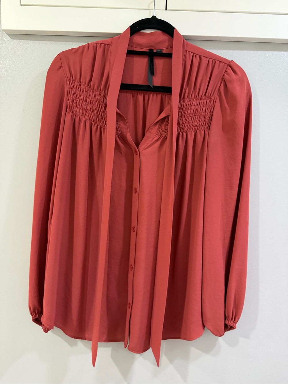 Bellatrix Coral Tie-Front Blouse with Smocked Yoke